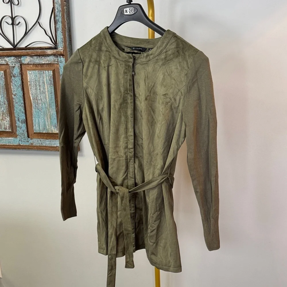 H by Halston Olive  faux suede Coat blazer with knit sleeves NWOT 14